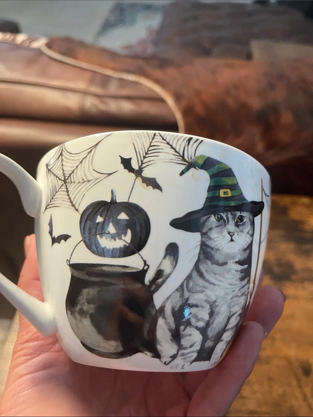 Halloween Cat Ceramic Coffee Mug - White with Green Accent